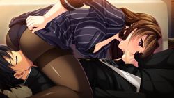 Rule 34 | 1girl, 69, aotonbo, ass, belt, blush, breasts, brown hair, business suit, censored, cleavage, clothes lift, closed eyes, fellatio, formal, game cg, large breasts, legs, long hair, looking down, lying, mosaic censoring, office lady, ohanabatakerun, oral, panties, panties under pantyhose, pantyhose, penis, pink eyes, sitting, sitting on face, sitting on person, skirt, skirt lift, striped, suit, thighs, underwear, unzipped, xx of the dead