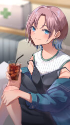 Rule 34 | 1girl, absurdres, animal ears, asakura toru, black dress, blue eyes, blue hair, blurry, blurry background, blush, coffee, couch, denim, denim jacket, dress, highres, ice, idolmaster, idolmaster shiny colors, indoors, jacket, jacket partially removed, knees up, looking at viewer, on couch, parted bangs, purple hair, seung832222, sitting, smile, solo, strap slip