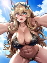 Rule 34 | 1girl, abs, absurdres, aqua eyes, barghest (fate), biceps, bikini, black bikini, black bikini bottom, blonde hair, blue sky, blush, breasts, cleavage, cloud, cloudy sky, fairy knight gawain (ice warrior) (fate), fate/grand order, fate (series), heterochromia, highres, horns, huge breasts, large breasts, long hair, looking at viewer, muscular, muscular female, open mouth, pink eyes, sky, solo, swimsuit, zantyarz