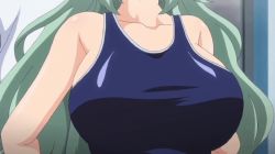Rule 34 | 1boy, 1girl, animated, animated gif, grabbing another&#039;s breast, breasts, gakuen de jikan yo tomare, grabbing, green hair, head out of frame, huge breasts, swimsuit, tagme, time stop