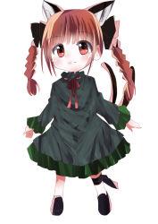 Rule 34 | 1girl, :3, absurdres, animal ears, bad id, bad pixiv id, blunt bangs, braid, cat ears, dress, full body, green dress, highres, kaenbyou rin, looking at viewer, multiple tails, natsume suzuri, nekomata, red eyes, red hair, simple background, solo, standing, tail, touhou, twin braids, white background