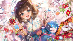 Rule 34 | 1girl, :d, apple caramel, blue bow, blush, bow, branch, breasts, brown hair, bug, butterfly, commentary request, copyright request, flower, food, green eyes, hagoita, highres, holding, insect, japanese clothes, kagami mochi, kimono, medium breasts, open mouth, paddle, red flower, short eyebrows, smile, teeth, thick eyebrows, upper teeth only, virtual youtuber, water, white flower, white kimono