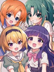 Rule 34 | 4girls, blonde hair, blue eyes, blue hair, blush, clenched teeth, fang, furude rika, green eyes, green hair, hair between eyes, highres, higurashi no naku koro ni, houjou satoko, long hair, multiple girls, niyane, orange hair, ponytail, purple eyes, ryuuguu rena, school uniform, short hair, sidelocks, skin fang, smile, sonozaki mion, teeth, upper body