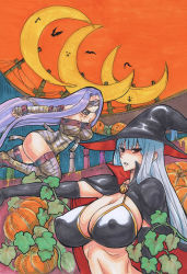 Rule 34 | 00s, 2girls, bat (animal), bikini, blindfold, breasts, cape, cleavage, collar, covered erect nipples, crescent moon, crossover, elbow gloves, fate/stay night, fate (series), female focus, fingerless gloves, gloves, halloween, hat, kikuta, large breasts, long hair, medusa (fate), medusa (rider) (fate), moon, multiple girls, mummy, pumpkin, purple hair, red eyes, selvaria bles, senjou no valkyria (series), senjou no valkyria 1, silver hair, swimsuit, tattoo, thighhighs, witch, witch hat