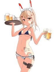 Rule 34 | 1girl, absurdres, alcohol, alternate costume, ayanami (azur lane), azur lane, bad id, bad pixiv id, bag, beer, beer mug, belt, bikini, black bikini, body writing, bowl, breasts, carrying, cleavage, collarbone, commentary request, cup, dual wielding, enmaided, groin, hair between eyes, hair ornament, hairclip, headgear, highres, holding, holding cup, long hair, looking at viewer, maid, maid bikini, maid headdress, micro bikini, midriff, money, mug, navel, orange eyes, parted lips, penguin (dx19291005), ponytail, price, retrofit (azur lane), sidelocks, silver hair, simple background, solo, spaghetti strap, swimsuit, tattoo, thigh strap, translated, tray, unconventional maid, white background