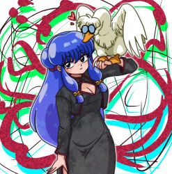 Rule 34 | 1girl, animal, bird, bird on hand, black dress, breasts, china dress, chinese clothes, cleavage, cleavage cutout, clothing cutout, dress, duck, floral print, glasses, hair ornament, long hair, long sleeves, mousse (duck) (ranma 1/2), mousse (ranma 1/2), official style, purple eyes, purple hair, ranma 1/2, shampoo (ranma 1/2), smile, wanta (futoshi)