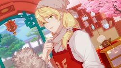 Rule 34 | 1boy, :d, apron, bandana, blonde hair, blue sky, cherry blossoms, cloud, cloudy sky, cup, duster, feather duster, green eyes, highres, holding, honkai (series), honkai impact 3rd, indoors, long hair, long sleeves, looking at viewer, open mouth, otto apocalypse, scarf, shelf, shirt, side ponytail, sky, smile, solo, sparkle, teacup, teapot, third-party source, tree, vase, white shirt, window