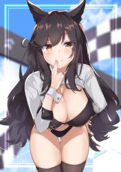 Rule 34 | 1girl, absurdres, atago (azur lane), atago (stunning speedster) (azur lane), azur lane, bikini, black bikini, black hair, black thighhighs, blurry, breasts, brown eyes, checkered flag, cleavage, cowboy shot, depth of field, finger to mouth, flag, hand on own hip, highres, large breasts, leaning forward, long hair, looking at viewer, mole, mole under eye, mushpz, race queen, shrug (clothing), smile, solo, standing, swimsuit, thigh gap, thighhighs, thighs, very long hair, wrist cuffs