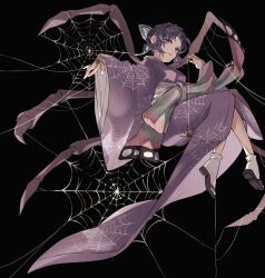Rule 34 | 1girl, adapted costume, animal, animal on hand, arthropod girl, black background, bug, butterfly hair ornament, closed mouth, from below, from side, full body, hair ornament, hand up, highres, insect girl, invisible chair, japanese clothes, kimetsu no yaiba, kimono, kochou shinobu, light smile, long sleeves, looking at viewer, morita yuu, obi, outstretched arm, purple eyes, purple hair, purple kimono, purple theme, sandals, sash, shoe soles, silk, simple background, sitting, socks, solo, spider, spider girl, spider web, spider web print, updo, white socks, wide sleeves, zouri