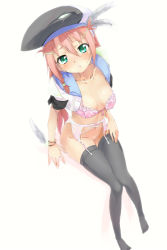 Rule 34 | 1girl, beret, black thighhighs, blush, bra, braid, breasts, cleavage, collarbone, file17, from above, full body, garter belt, garter straps, green eyes, hat, highres, lingerie, looking at viewer, looking up, no panties, pink bra, pink hair, simple background, sitting, solo, tareme, thighhighs, u (the unko), underwear, white background