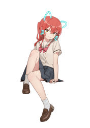 Rule 34 | 1girl, absurdres, black skirt, bocchi the rock!, bow, brown footwear, drawn ears, drawn whiskers, green eyes, hair between eyes, highres, invisible chair, kita ikuyo, knee up, loafers, long hair, looking at viewer, one side up, pleated skirt, red bow, red hair, sailor collar, school uniform, serafuku, shoes, short sleeves, simple background, sitting, skirt, smile, socks, solo, white background, white socks, xpsuv