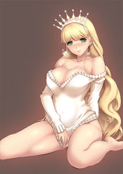 Rule 34 | 1girl, bare shoulders, blonde hair, blush, breasts, breath, brown background, clalaclan philias, cleavage, clothes tug, curvy, green eyes, heavy breathing, large breasts, lintanghaseo, long hair, naked sweater, off-shoulder, off-shoulder sweater, princess, sega, shining (series), shining wind, sitting, solo, sweater, sweater tug, thick thighs, thighs, wariza