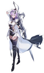 Rule 34 | 1girl, absurdres, arm at side, armor, armored boots, boots, cape, full body, greatsword, green eyes, hair between eyes, hand up, highres, holding, holding sword, holding weapon, looking at viewer, medium hair, morichika shuuto, original, parted lips, purple hair, scar, scar across eye, simple background, solo, spiked armor, standing, sword, thighhighs, weapon, white background