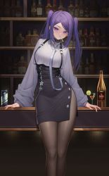 Rule 34 | 1girl, absurdres, bar (place), bartender, belt, black collar, bottle, brown pantyhose, can, cigarette, closed mouth, collar, commentary, cup, drink, drinking glass, english commentary, feet out of frame, food, fruit, grey shirt, heart, high-waist skirt, highres, indoors, jill stingray, lime (fruit), lips, long hair, long sleeves, looking at viewer, loose clothes, loose shirt, nail polish, pantyhose, puffy sleeves, purple hair, shelf, shirt, side slit, skirt, solo, star (symbol), suspenders, twintails, underbust, va-11 hall-a, xzu