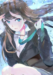 Rule 34 | 119, 1girl, arm up, bad id, bad pixiv id, black cardigan, brown hair, bubble, cardigan, collared shirt, commentary, cowboy shot, feet out of frame, floating hair, green eyes, green necktie, grey skirt, hand up, holding, holding necktie, idolmaster, idolmaster cinderella girls, light, long hair, long sleeves, looking to the side, miniskirt, necktie, parted lips, partially unbuttoned, school uniform, shibuya rin, shirt, skirt, solo, straight hair, striped necktie, striped neckwear, swept bangs, underwater, white shirt, wing collar