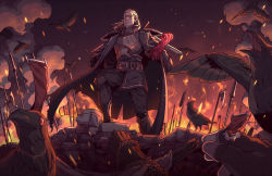 Rule 34 | 1boy, armor, axe, belt, bird, blonde hair, boots, cape, crow, fingerless gloves, fire, gloves, league of legends, long hair, male focus, night, outdoors, pants, pauldrons, polearm, pov, red eyes, shoulder armor, smoke, solo, spear, swain (league of legends), tunic, weapon, wenny02