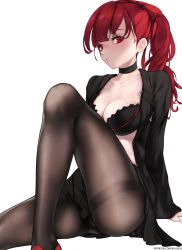Rule 34 | 1girl, arm support, black bra, black choker, black jacket, black pantyhose, blush, bow, bra, breasts, choker, cleavage, collarbone, embarrassed, female focus, hair bow, highres, jacket, kilalesi, knee up, long hair, long sleeves, looking at viewer, matching hair/eyes, medium breasts, mole, mole on breast, open clothes, open jacket, pantyhose, parted lips, patreon username, persona, persona 5, persona 5 the royal, ponytail, red eyes, red hair, sitting, solo, sweat, thighband pantyhose, underwear, watermark, web address, yoshizawa kasumi