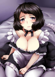 Rule 34 | 10s, 1girl, absurdres, apron, bare shoulders, black dress, black hair, blush, bow, bowtie, breasts, brown eyes, cleavage, collarbone, downblouse, dress, frilled sleeves, frills, highres, kawakami sadayo, large breasts, looking at viewer, maid, maid apron, messy hair, nemu (nebusokugimi), on bed, pantyhose, persona, persona 5, puffy short sleeves, puffy sleeves, short hair, short sleeves, solo, waist apron, white pantyhose
