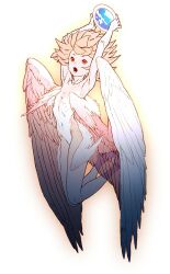 Rule 34 | 1girl, angel, angel wings, arched back, armpits, arms up, blonde hair, feathered wings, female focus, flat chest, highres, lips, messy hair, multiple wings, navel, nude, open mouth, original, red eyes, ribs, skinny, solo, white background, wings, yoshikawa tatsuya