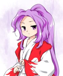 Rule 34 | 1girl, :/, closed mouth, japanese clothes, kimono, long hair, long sleeves, looking to the side, meira (touhou), nonamejd, official style, ponytail, purple eyes, purple hair, solo, touhou, touhou (pc-98), white kimono, wide sleeves, zun (style)