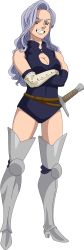 Rule 34 | 1girl, absurdres, boots, breasts, cleavage cutout, clothing cutout, crossed arms, female focus, gloves, highres, jericho (nanatsu no taizai), large breasts, nanatsu no taizai, aged up, smile, solo, swimsuit, sword, thick thighs, thighhighs, thighs, weapon