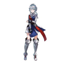 1girl arm_under_breasts armored_boots aster_tatariqus blue_dress boots camelot_academy_of_chivalry_school_uniform closed_mouth commentary_request dress full_body galahad_(aster_tatariqus) grey_boots grey_eyes grey_hair grey_sweater long_sleeves official_art sailor_collar school_uniform short_hair_with_long_locks simple_background solo standing sweater sweater_under_dress tachi-e third-party_source transparent_background turtleneck turtleneck_sweater v-shaped_eyebrows watarubou white_dress white_sailor_collar