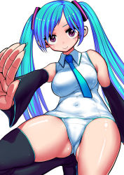 Rule 34 | 1girl, aqua hair, casual one-piece swimsuit, detached sleeves, hatsune miku, highres, jouyama yui, long hair, necktie, one-piece swimsuit, porosuke, purple eyes, school swimsuit, simple background, smile, solo, swimsuit, thighhighs, twintails, very long hair, vocaloid, white one-piece swimsuit, white school swimsuit