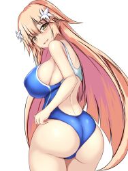 Rule 34 | 1girl, ass, blonde hair, blue one-piece swimsuit, blush, breasts, brooklyn (kancolle), competition swimsuit, covered navel, cowboy shot, flower, hair between eyes, hair flower, hair ornament, highleg, highleg swimsuit, highres, impossible clothes, impossible swimsuit, kantai collection, large breasts, long hair, looking at viewer, montemasa, multicolored clothes, multicolored swimsuit, one-piece swimsuit, open mouth, red eyes, simple background, smile, solo, swimsuit, twitter username, two-tone swimsuit, white background, white flower