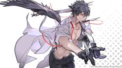 Rule 34 | 1boy, bird, black gloves, black hair, black pants, claude fermat, crow, gloves, hero cantare, holding, holding knife, knife, knife in mouth, leenim, lord of dice, male focus, navel, nipples, official art, open clothes, open shirt, pants, red eyes, ribbon, shirt, short hair, solo, toned, toned male, white shirt