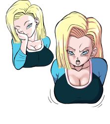 Rule 34 | 1girl, android 18, blonde hair, blue eyes, bob cut, bouncing breasts, breasts, cleavage, cropped torso, dragon ball, dragonball z, earrings, female focus, hand up, head rest, highres, hoop earrings, jewelry, large breasts, looking at viewer, medium hair, motion lines, multiple views, one eye closed, open mouth, pseudocel, simple background, solo, two-tone shirt, upper body, white background
