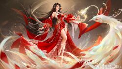 Rule 34 | 1girl, absurdres, bare legs, bird, brown hair, chest cutout, detached sleeves, dress, energy, facial mark, floating, forehead mark, hair ornament, hair rings, highres, huo linger (wanmei shijie), leg up, long hair, outstretched hand, parted lips, phoenix, red dress, sha shan, solo, two-tone dress, wanmei shijie