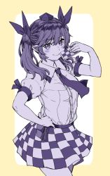 Rule 34 | 1girl, :&gt;, beige background, blush, breasts, checkered clothes, checkered skirt, commentary request, cowboy shot, hand on own hip, hat, highres, himekaidou hatate, holding, holding phone, long hair, medium breasts, monochrome, natsushiro, phone, simple background, skirt, solo, tokin hat, touhou, twintails