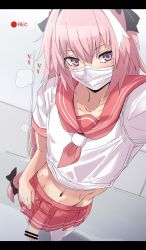 Rule 34 | 1boy, astolfo (fate), astolfo (sailor paladin) (fate), blush, bow, braid, braided ponytail, crop top, fate/apocrypha, fate/grand order, fate (series), gachou, hair bow, hair intakes, highres, long hair, looking at viewer, male focus, mask, midriff, mouth mask, multicolored hair, neckerchief, official alternate costume, penis, pink hair, pink neckerchief, pink sailor collar, pink skirt, purple eyes, sailor collar, school uniform, serafuku, shirt, short sleeves, skirt, solo, streaked hair, thighhighs, thighs, trap, white hair, white shirt, white thighhighs