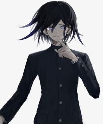 Rule 34 | 1boy, black hair, black jacket, black shirt, commentary request, danganronpa (series), danganronpa v3: killing harmony, finger to mouth, gloves, grey background, hair between eyes, hand up, index finger raised, iumi urura, jacket, long sleeves, looking at viewer, male focus, oma kokichi, pale skin, purple eyes, purple hair, shirt, short hair, shushing, simple background, smile, solo, upper body