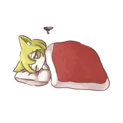 Rule 34 | 1girl, animal ear fluff, animal ears, blanket, blonde hair, blush, chibi, closed mouth, fox ears, highres, looking at viewer, lying, one eye closed, pillow, simple background, solo, squiggle, touhou, under covers, white background, yakumo ran, yakumora n, yellow eyes