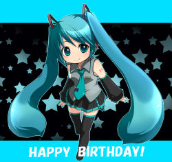 Rule 34 | 1girl, arms at sides, birthday, black thighhighs, detached sleeves, female focus, fingernails, full body, green eyes, green hair, hatsune miku, kosumo, long hair, matching hair/eyes, necktie, skirt, smile, solo, star (symbol), thighhighs, twintails, vocaloid
