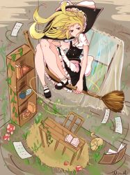 Rule 34 | 1girl, apron, black dress, blonde hair, bow, broom, broom riding, cat, dress, flying, hat, highres, kirisame marisa, long hair, mary janes, niromi, shoes, socks, solo, touhou, waist apron, white bow, white socks, witch hat, yellow eyes