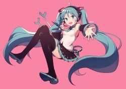 Rule 34 | 1girl, :d, ahoge, artist name, azit (down), black footwear, black skirt, black thighhighs, blue eyes, blue hair, blue necktie, boots, breasts, commentary, detached sleeves, hair between eyes, hair ornament, hatsune miku, headset, highres, long hair, long sleeves, looking at viewer, necktie, open mouth, outstretched arm, pink background, pleated skirt, shirt, signature, simple background, skirt, sleeveless, sleeveless shirt, small breasts, smile, solo, spring onion, thigh boots, thighhighs, very long hair, vocaloid, white shirt, wide sleeves