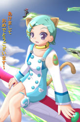 Rule 34 | 00s, 1girl, animal ears, blush, blush stickers, cloud, eureka (eureka seven), eureka seven, eureka seven (series), green hair, hoverboard, looking at viewer, outdoors, short hair, sky, smile, solo, tagme, tail