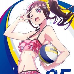 Rule 34 | 1girl, ball, brown hair, navel, one eye closed, open mouth, oshino akari, pink eyes, ponytail, solo, standing, swimsuit, tagme