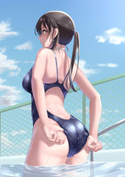 Rule 34 | 1girl, absurdres, adjusting clothes, adjusting swimsuit, ass, back, back cutout, black hair, blue one-piece swimsuit, blush, breasts, chain-link fence, clothing cutout, competition swimsuit, day, fence, from behind, highres, kamehito, long hair, looking away, one-piece swimsuit, original, outdoors, ponytail, pool, profile, shoulder blades, solo, standing, swimsuit, wading, water, wet, wet clothes, wet swimsuit