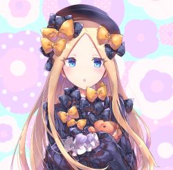 Rule 34 | 1girl, abigail williams (fate), black bow, black dress, black hat, blonde hair, blue eyes, bow, dress, fate/grand order, fate (series), forehead, fuji den fujiko, hair bow, hat, long hair, looking at viewer, open mouth, orange bow, parted bangs, polka dot, polka dot bow, ribbed dress, sleeves past fingers, sleeves past wrists, solo, stuffed animal, stuffed toy, teddy bear
