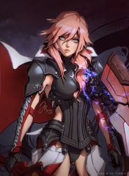 Rule 34 | 10s, 1girl, armor, armored dress, arms at sides, asymmetrical hair, aura, blue eyes, breastplate, cape, cowboy shot, dark background, eyelashes, faulds, final fantasy, final fantasy xiii, frown, gauntlets, glowing, hair between eyes, holding, holding sword, holding weapon, jurikoi, lightning farron, lightning returns: final fantasy xiii, pauldrons, pink hair, red background, shield, shoulder armor, solo, sword, wavy hair, weapon