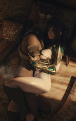 Rule 34 | 1boy, 1girl, 3d, absurdres, armor, bed, bikini armor, bottomless, breasts, brown hair, covered erect nipples, cuddling, dark-skinned male, dark skin, earrings, egyptian, egyptian clothes, green eyes, highres, implied sex, jewelry, kingdom under fire, long hair, looking at viewer, night, original, pauldrons, pillow, ponytail, ryanreos, shiny skin, shoulder armor, sidelocks, smile, sweat, thighs, vambraces