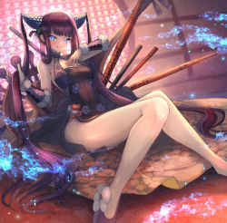 Rule 34 | 1girl, bare shoulders, black dress, blue eyes, blunt bangs, blush, breasts, china dress, chinese clothes, cleavage, detached sleeves, dress, fate/grand order, fate (series), hair ornament, highres, holding, holding hair, knees together feet apart, leaf hair ornament, long hair, looking at viewer, medium breasts, ohako (ohako1818), purple hair, sidelocks, sitting, solo, twintails, very long hair, yang guifei (fate), yang guifei (second ascension) (fate)