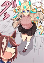 Rule 34 | 2girls, ahoge, alternate costume, animal ears, blonde hair, blue eyes, brown hair, brown skirt, cellphone, closed mouth, colored inner hair, commentary request, cowboy shot, ear ornament, gloom (expression), gradient hair, highres, holding, holding phone, horse ears, horse girl, horse tail, long sleeves, multicolored hair, multiple girls, neo universe (umamusume), open mouth, phone, pink sweater, pleated skirt, ribbed sweater, skirt, smartphone, sparkle, streaked hair, sweater, tail, turtleneck, turtleneck sweater, umamusume, vodka (umamusume), wahiko (black bastard), white hair