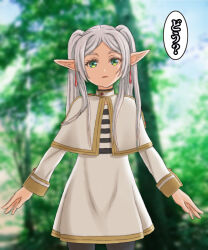 Rule 34 | 1girl, elf, female focus, forrest, frieren, green eyes, imminent rape, long hair, looking at viewer, outdoors, pointy ears, smile, solo, sousou no frieren, standing, twintails