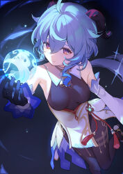 Rule 34 | 1girl, absurdres, ahoge, armpits, bare shoulders, bell, black gloves, black pantyhose, blue hair, bodystocking, breasts, chinese knot, cowbell, dark background, detached collar, floating, floating object, flower knot, foot out of frame, full body, ganyu (genshin impact), genshin impact, gloves, goat horns, gold trim, hair between eyes, hand up, highres, holding orb, horns, leg up, long sleeves, medium breasts, misuzu0342, neck bell, object floating above hand, orb, pantyhose, purple eyes, sidelocks, skirt, solo, thighlet, vision (genshin impact), white footwear, white skirt, white sleeves, wide sleeves
