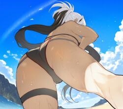 Rule 34 | 1girl, absurdres, ass, bare shoulders, beach, bikini, black hair, blue sky, breasts, commission, fate/grand order, fate (series), highres, large breasts, long hair, nagao kagetora (fate), nyahpa20, pixiv commission, ponytail, sky, solo, swimsuit, thighs, uesugi kenshin (fate), wet, white hair