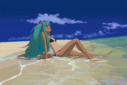 Rule 34 | 1girl, aqua hair, arm support, bad id, bad pixiv id, beach, bikini, cloud, dark skin, dark-skinned female, day, flat chest, hatsune miku, leaning back, legs, lips, long hair, looking to the side, ocean, one-piece tan, outdoors, parted lips, sky, solo, swimsuit, tan, tanline, teru by m, twintails, vocaloid, water